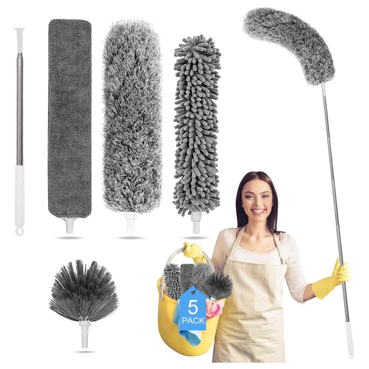 5 in 1 Microfiber Duster Kit with Extension Pole 100 Inch, Cobweb Cleaner for High Ceilings Fans Set Cleaning Extendable 5 in 1 Microfiber Duster Kit with Extension Pole 100 Inch, Cobweb Cleaner for High Ceilings Fans Set Cleaning Extendable