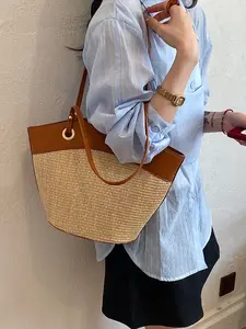 2026 New French Straw Patchwork Tote Bag, Large Capacity PU Leather Shoulder Bag, Summer Vacation Daily Commute Versatile Woven Bag
