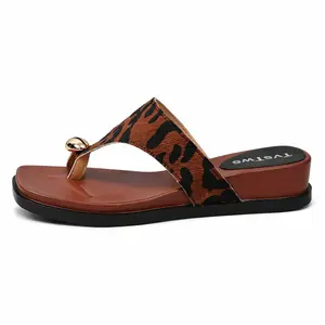 Toe Ring Metal Decor Wedge Sandals, Leopard Print Square Open Toe Summer Casual Slides