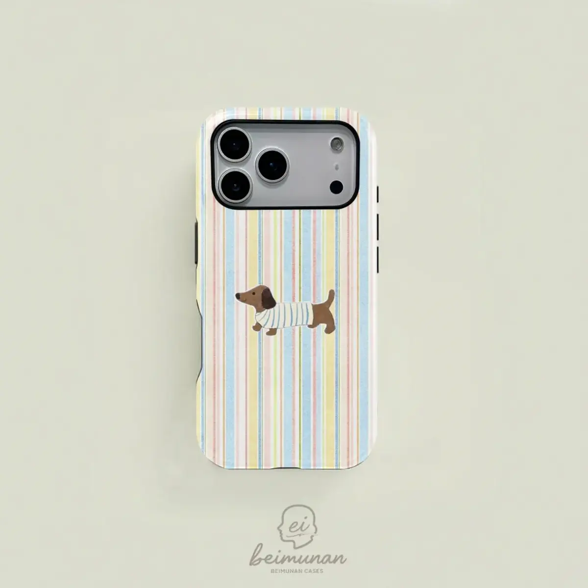 Cute blue and pink striped cartoon dachshund design, sturdy and durable 2-in-1 protective case, MagSafe compatible, suitable for with iPhone 17 16 15 14 13 12 11 Pro Max Pro Plus Samsung Galaxy S26 S25 FE S24 Plus S23 Ultra, Personalized, Cute Accessories