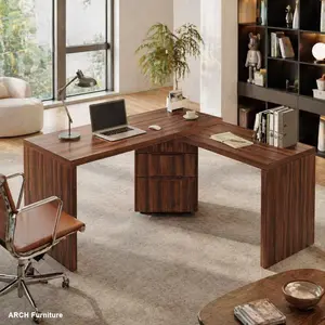 ARCH 90" Modern L Shaped Desk with 3 Drawers, 360° Rotating Wood Executive Desk, Corner Computer Desk for Home Office, Study Workstation, Walnut Finish, Large Workspace, Home Furniture and Household Product Search Terms for US Online Shopping