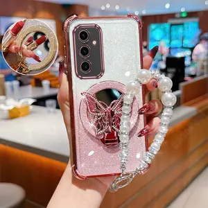 S23 FE Popular Series Pearl Strap Lanyard Phone Holder Case For Compatible With Samsung Galaxy S23 FE Transparent Glitter Shiny Cover and Impact Resistant Luxury Shiny Make up Mirror Butterfly Protector Cases