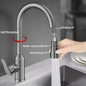 Stainless Steel Pull-Out Kitchen Faucet, Hot & Cold Extension, Prevents Splashes, Two-In-One Sink Faucet for Washing Vegetables