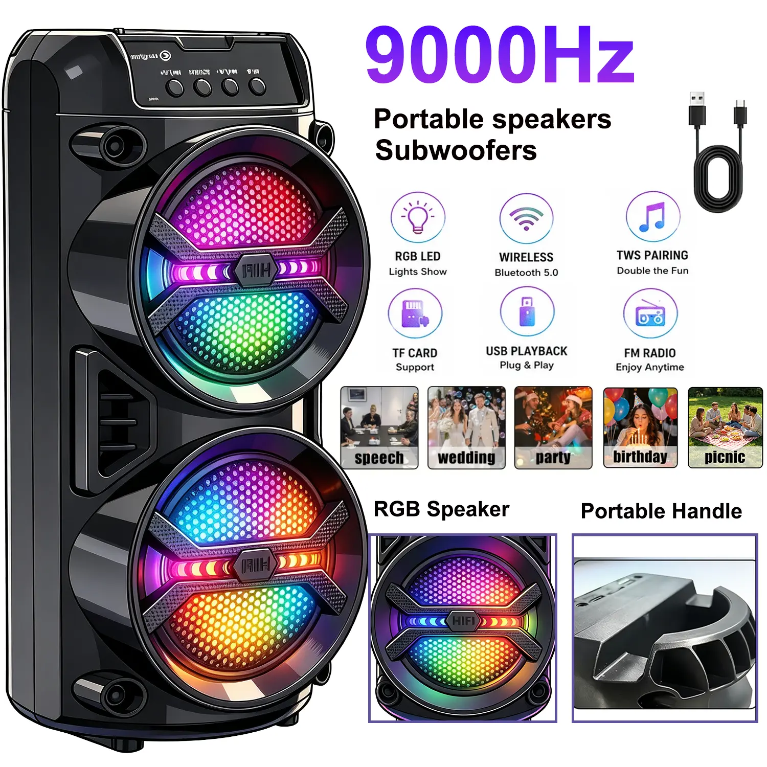 9000Hz Portable Bluetooth Speaker with RGB Lights, DeepBass Stereo, Wireless Party Subwoofer with TF Card, USB, FM Radio, AUX Input, TWS Pairing And Microphone Support for Home Outdoor Use, Ideal Gift Microphone Connectable, Recommended