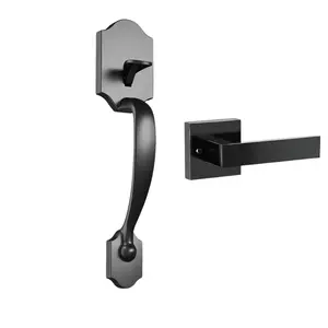 Valentine's Day Gift Front Door Handle No Lock, Entry Door Handle Exterior with Interior Reversible Handle Lever, Lower Half Grip, Single Cylinder, Door Handle Sets for Right or Left Handed Door, Matte Black   NovaTopFinds Knobs Hardware