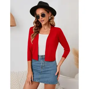 Clearlove Women's 3/4 Sleeve Open Front Cropped Cardigan Sweater Lightweight Knit Short Shrugs,802 red,X Small