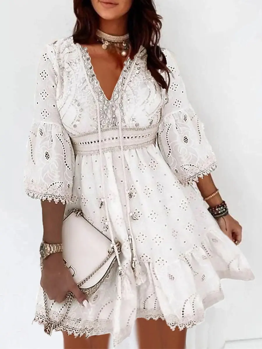 Women's New Casual V-Neck White Embroidered Floral Dress - Vintage, Fairy, Flowy, Lightweight, Breathable, Elegant Fabric for Beach Wear, Embroidery