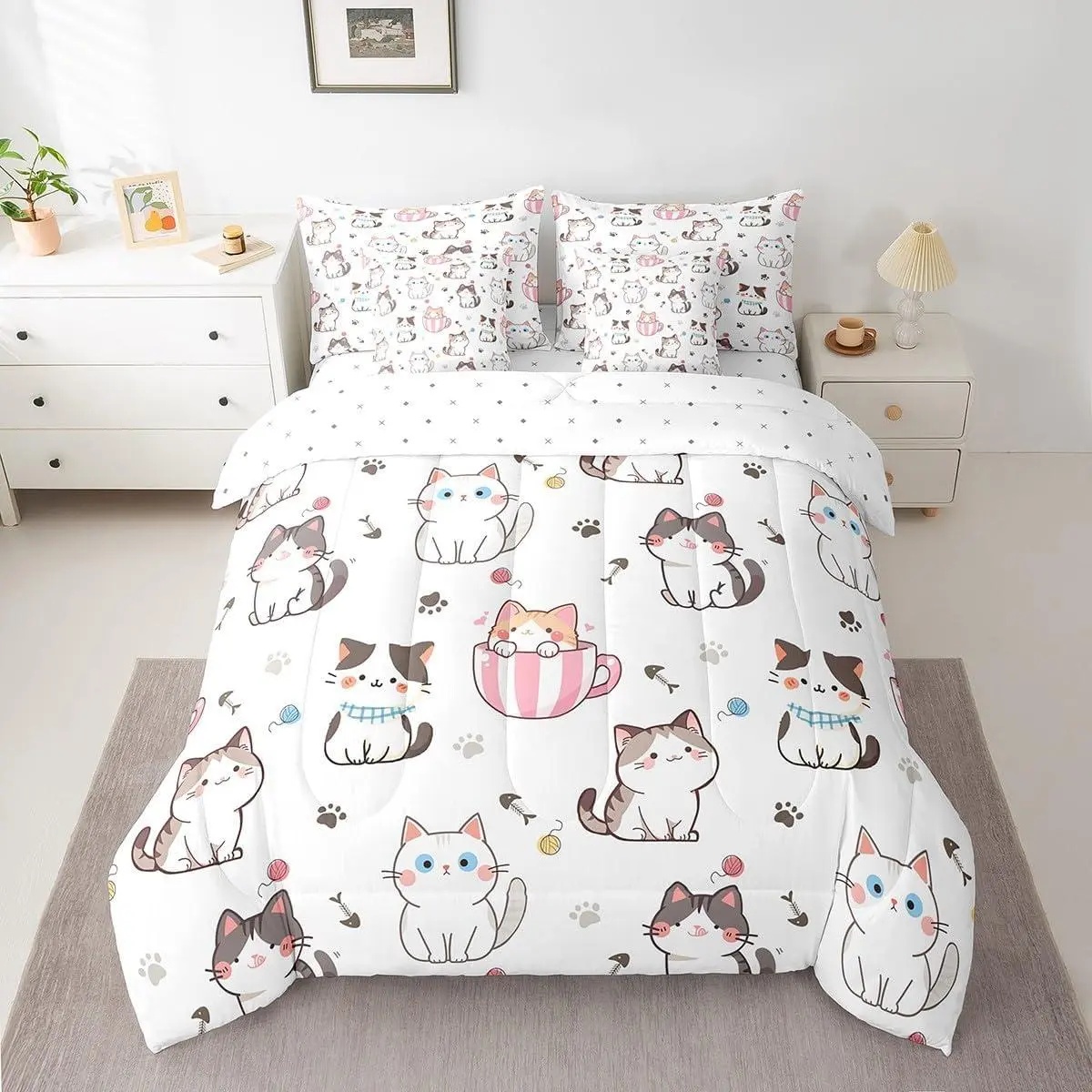 White Cat Comforter Set with Sheets for Kids Boys Girls Cats Print Bed in a Bag Cat Lover's Gift 7 Pieces Bedding Set Bedroom Decor Cat Lover's Gift Bed Set Animal,White
