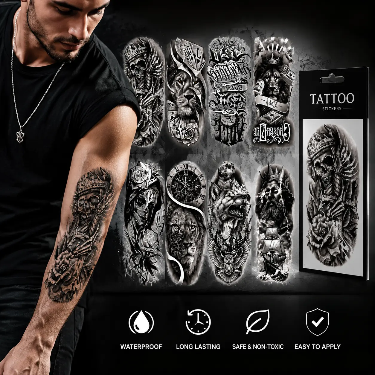 38 Sheets Large Half Sleeve Temporary Tattoos for Men Women, Realistic Black Tribal Wolf Lion Owl Skull Rose Flower Tattoo Stickers, Adult Forearm Size Halloween Temporary Tattoos, Hypoallergenic Non-Irritating Body Art Stickers