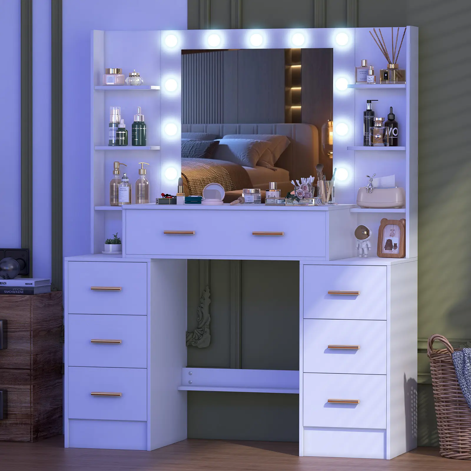 Vanity Makeup Table Set with 11 LED Lighted Mirror & 7 Drawers White MDF Material Adjustable Brightness 3 Light Modes Elegant Design Perfect Gift Choice christmas vanity, Vanity Desk Furniture, Makeup Storage Desk
