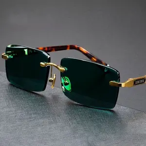 High Definition Sunglasses Men Ladies Green Crystal Stone Leopard Print Eye Protection Eyewear Rimless Square Eyeglasses Goggle