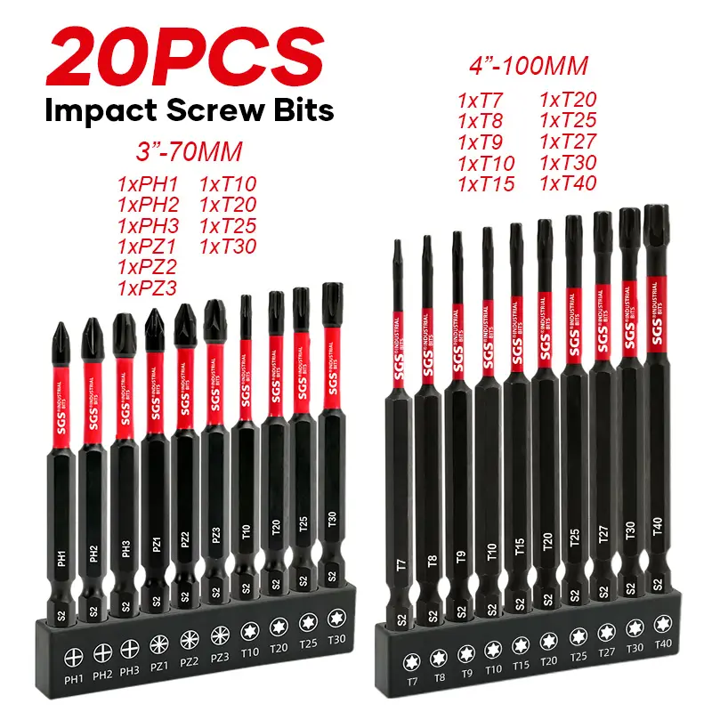 20 Pcs Industrial Torx/Phillips/Pozi Screwdriver Bits Set, S2 Alloy Steel 60-62HRC, Impact And Wear-Resistant, Anti-slip Magnetic Drill Head, Ultra-high Torque, 1/4 Inch Hex Shank, Designed For Automotive, Machinery, Home Repair, Handicrafts