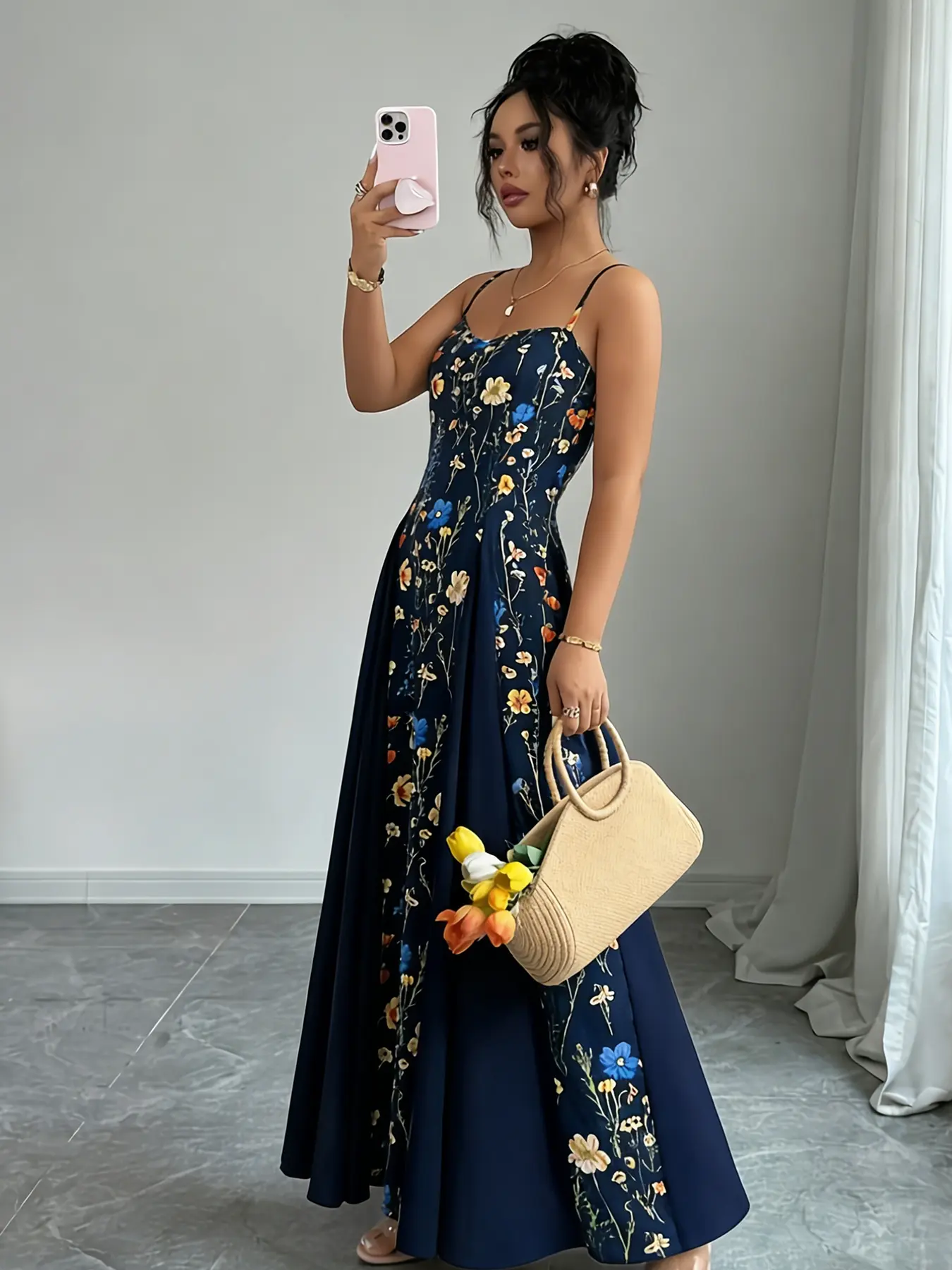 A fashionable women's navy blue floral print sleeveless camisole dress with delicate floral print, Casual Boho Chic, Boho Style Dresses. The camisole design is off the shoulder and suitable for commuting to work, shopping, and outdoor wear