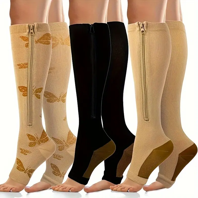 3 Pairs Zipper Compression Socks, Athletic Pressure Socks, Graduated Elastic Knee High Socks, Calf Support Socks for Running,