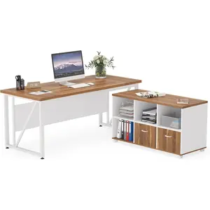 63-inch L Shaped Desk with 47- inch Drawer Cabinet, Executive Computer Desk, 2 Piece Home Office Furniture Set,Walnut+White