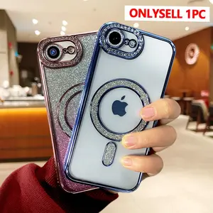 Luxury Magnetic Transparent Diamond Jewelled Phone Case For iPhone 17 16 15 14 13 12 11 Pro Max 16E Clear Glitter Bumper Back Cases Cover