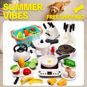 Cute Stone Pretend Play Kitchen Toy Set with Cookware, Steam Pressure Pot, Electronic Induction Cooktop, Cooking Utensils, and Cutting Food Fruits Vegetables,summervibes