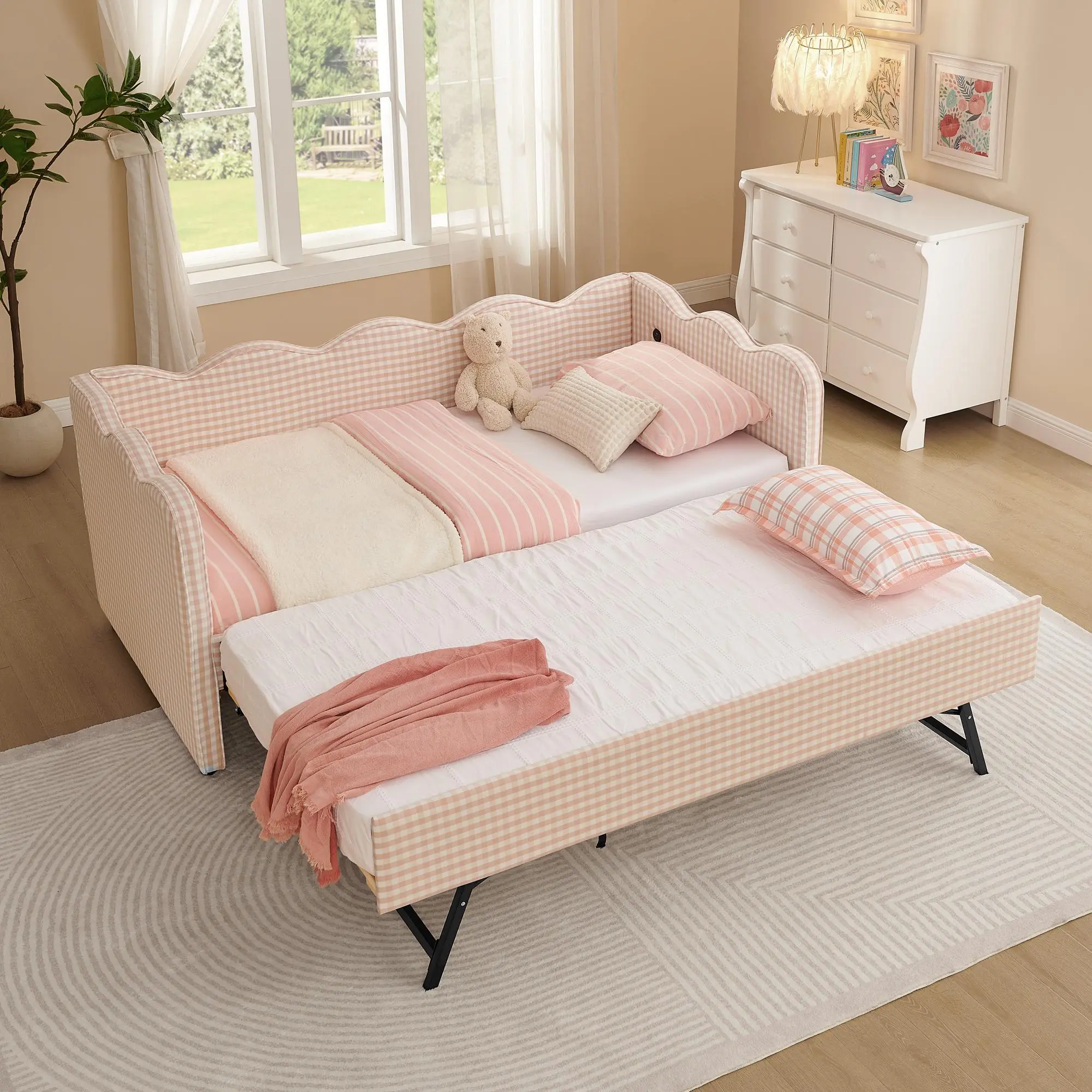 Cozy Gingham Daybed with Trundle Twin Size Sofa Bed No Box Spring Needed, with USB Port and Adorable Wave Shaped, Linen Fabric, Pink
