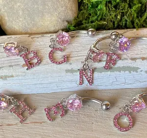 1pc Initial Paved Pink Gem Belly Ring Pierced Navel Letter Naval Piercing