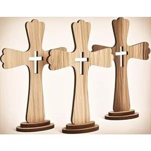 3 Pack Wooden Cross Centerpieces for Baptism, Communion, and Home Decor, 6 x 9 Inch Religious Table Decorations, Reusable and Durable for Church Events, Handcrafted Christian Ornaments for Boys and Girls