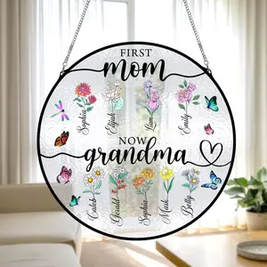 Custom Name First Mom Now Grandma Stained Glass Suncatcher, Personalized Birth Month Flowers Gift For Grandma, Mothers Day Gift, Home Decoration