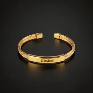 The Aureum Cuff - Personalized Luxury Stainless Steel Bracelet with 18K Gold Plated Finish & Custom Engraving Adjustable Cable Design for Him
