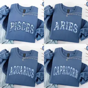 Custom Zodiac Sweatshirt - Indigo Blue, Zodiac Sweatshirt, Cute Horoscope Astrology Graphic Sweatshirt, Unisex Crewneck Sweatshirt, Personalized Zodiac Energy Gift for Birthday, Star Sign