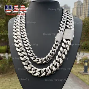 High Polish Stainless Steel Silver Soild Miami Cuban Necklace Chain With ICEDOUT Bling Necklace Hip Hop Jewelry