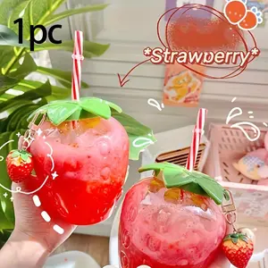 Summer Creative Cartoon Strawberry Shape Cup Straw Cup Plastic Cup Cute Women Portable Milk Tea Cup Student Water Bottle