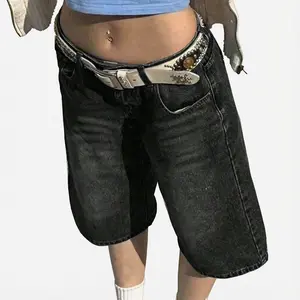 Y2K Street Vintage Washed Slant Pocket Cat Whiskered Style Wide Leg Bermuda Jeans Knee Length Denim Jorts Casual Shorts Cropped Trousers