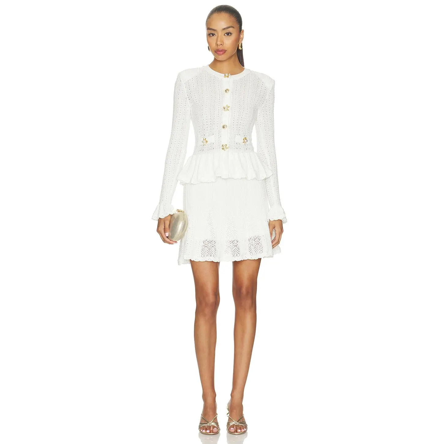 self-portrait White Pointelle Peplum Knit Mini Dress in White