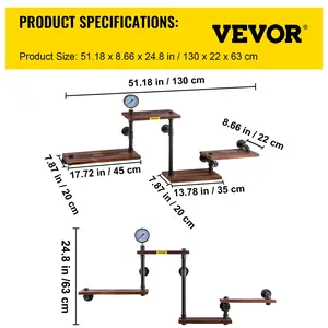 VEVOR Industrial Pipe Shelving, Pipe Shelves with 4-Tier Wood Planks, Rustic Floating Shelves Wall Mounted, Wall Shelf DIY Bookshelf for Bar Kitchen Bathroom Farmhouse Living Room, 51x25x9 inch