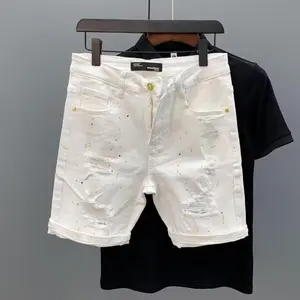 Ins Fashion Brand Fashion Tassel Ripped White Denim Shorts Men's Summer Ink Splash Casual High Street Stretch Four-quarter Pants  Menswear Cotton