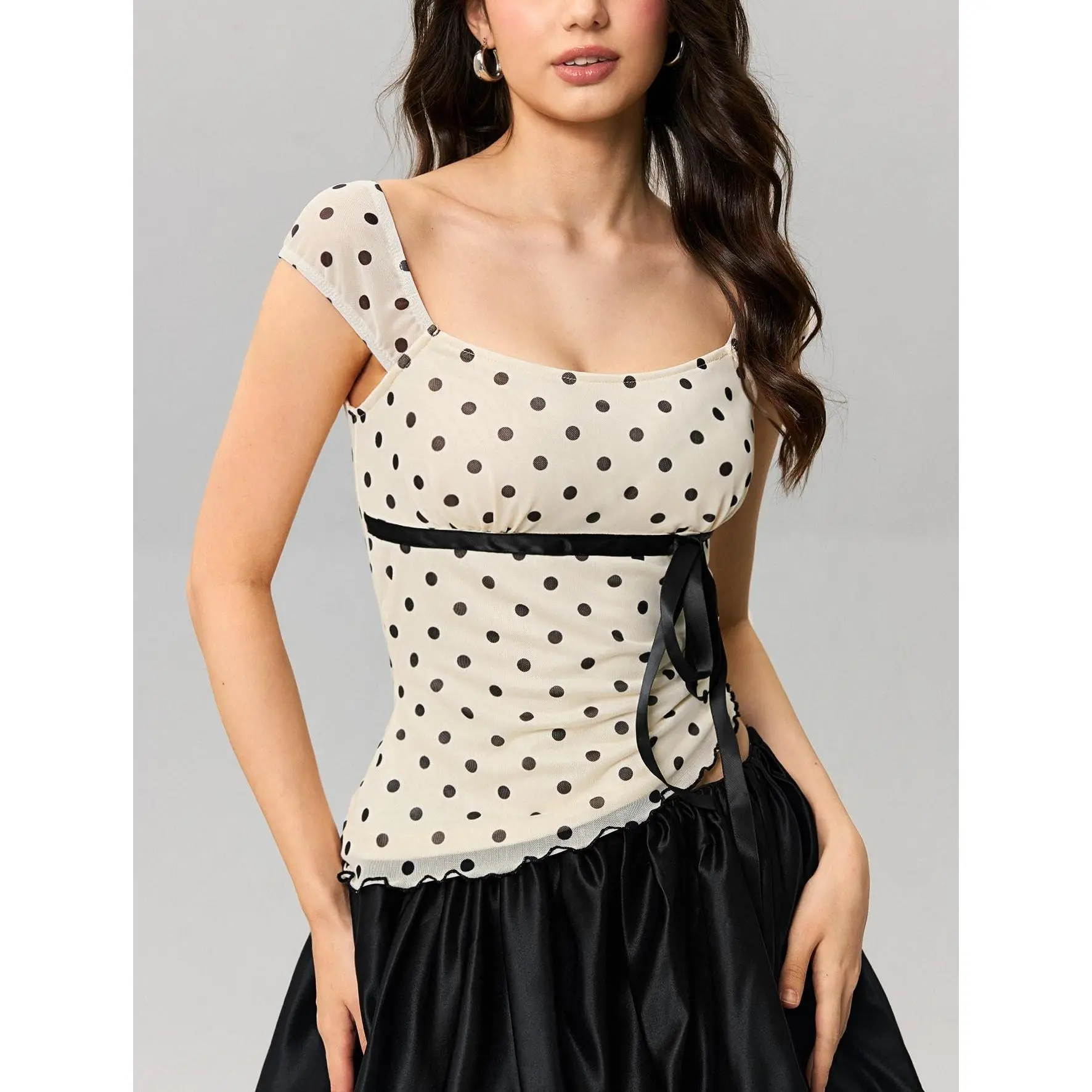 Womens Summer Dot Print Tops CasualFit Stylish Belt Square Neck Cap Sleeve T-Shirt