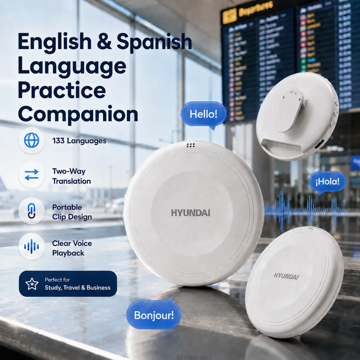 HYUNDAI TS1 English & Spanish Language Practice Companion- Real-Time Translation in 133 Languages for Travel, Business,Languages Learning Bluetooth Translator