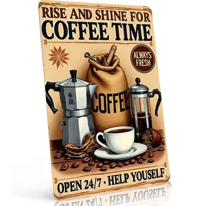 "Rise and Shine for Coffee Time - Open 24/7 Help Yourself" Coffee Lover Retro Aluminum Sign, Rustic Kitchen & Cafe Wall Decor for Home, Perfect Gifts for Coffee Enthusiasts & Baristas 8×12 Inch