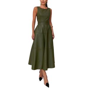 CHARTOU Women's Summer and Autumn Sleeveless PU Faux Leather Dress Elegant Flowing Maxi Dress with Belt