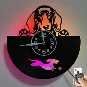 Sausage Dog Theme LED Vinyl Record Wall Clock, Silent Battery-Powered Home Décor for Dog Lovers, Unique Decorative Kitchen and Living Room Decoration, Perfect Gift for Birthdays, Valentine's Day, and Holidays