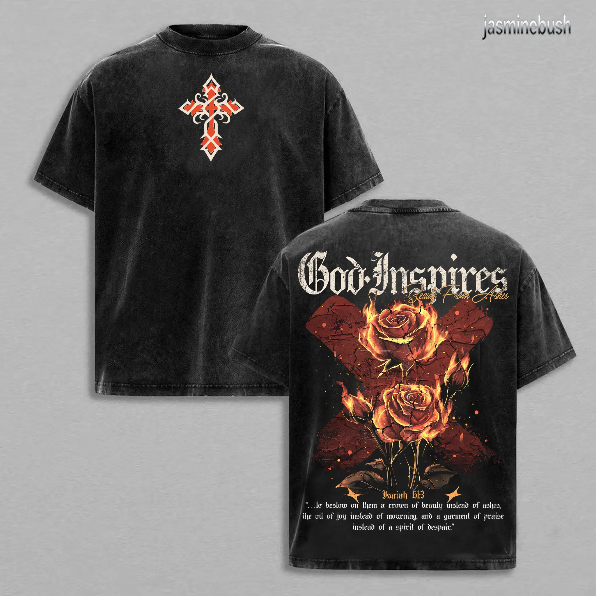 Beauty From Ashes – God Inspires Isaiah 61:3 Vintage Washed Christian T-Shirt Heavy Cotton Jesus Faith Graphic Shirt Streetwear Church Outfit Christmas Gift Inspirational Religious Apparel Men Women