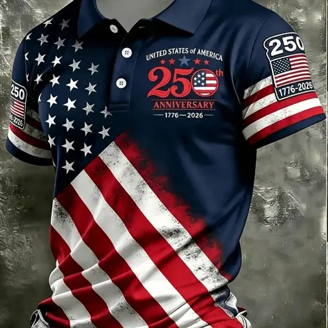 Men's American 250th Anniversary Button Polo Shirt, Casual Fashion Style Short Sleeve Top, Independence Freedom Democracy, Printed Polo Shirts