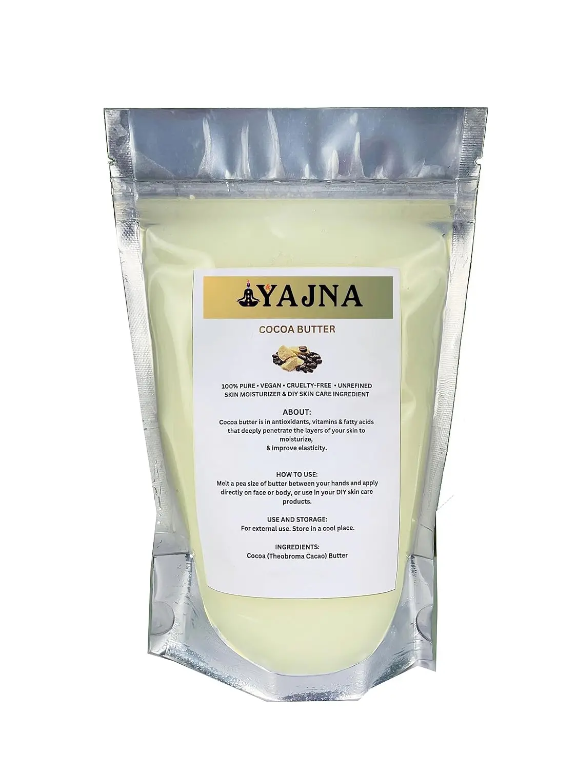 Yajna Organic Raw Cocoa Butter 100% Pure Natural Unrefined Skin Moisturizer for Face Body & Hair 4 OZ 115 GM Ivory White Grade A DIY Creams Balms Lotions Soaps Softens Dry Tough Skin