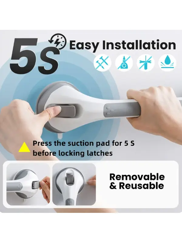 16-Inch Suction Cup Shower Grab Bar, Heavy-Duty Removable Bathroom Bathtub Safety Handle for Seniors, No-Drilling Waterproof Handrail, Grey, Seniors/Elderly