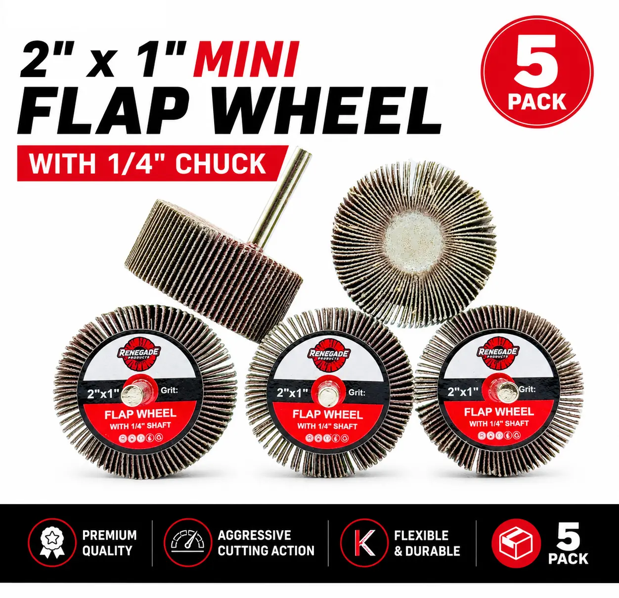 Renegade Products 2" x 1" Mini Flap Wheels | 1/4" Shank Mounted Aluminum Oxide Sanding Wheels for Die Grinders, Drills & Rotary Tools, 240/320 Grit, 5-Pack Renegade Products 2" x 1" Mini Flap Wheels | 1/4" Shank Mounted Aluminum Oxide Sanding Wheels for Die Grinders, Drills & Rotary Tools, 240/320 Grit, 5-Pack