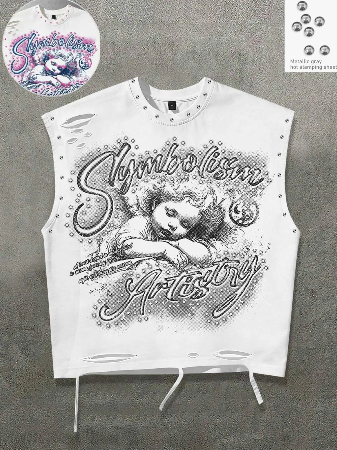 Short vest, rhinestone metal hot plate vest, cute angel printed vest for men and women, same American retro sleeveless t-shirt Tank Top 2026 new European and American Streetwear street fashion Loose casual vest Y2K style vest Sleeveless Loose Design