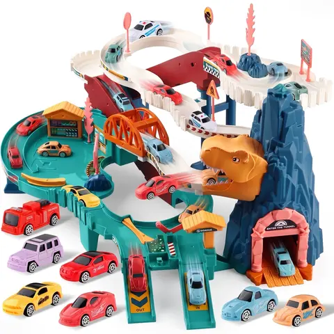 Dinosaur Race Track Car Toy Playset for Boys Age 3-7, Multi-Level Parking Garage with Electric Elevator Ramp & Play Mat, Interactive Dual-Route Vehicle Adventure Gift