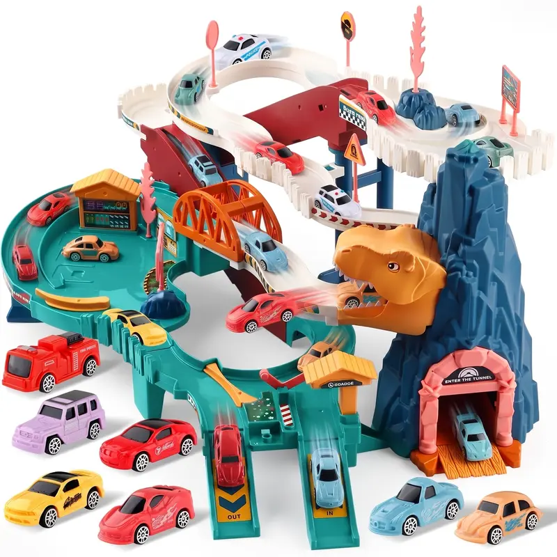 Dinosaur Race Track Car Toy Playset for Boys Age 3-7, Multi-Level Parking Garage with Electric Elevator Ramp & Play Mat, Interactive Dual-Route Vehicle Adventure Gift