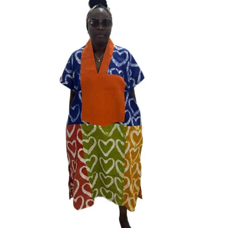 Bubu Women's Casual Cotton Midi African Bubu Dress - Short-Sleeve, Adire Print, Asooke Details, Side Pockets, Vibrant Heart Design, Elegant Comfortable Casual Wear