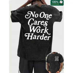 Men'S Vintage Distressed Oversized T-Shirt with "No One Cares Work Harder" Back Print - Heavy Washed Soft Breathable Fabric, Casual Streetwear Round Neck Short Sleeve Tee for Casual Attire & Gym - All-Season Comfort Fit Retro Statement Top graphic