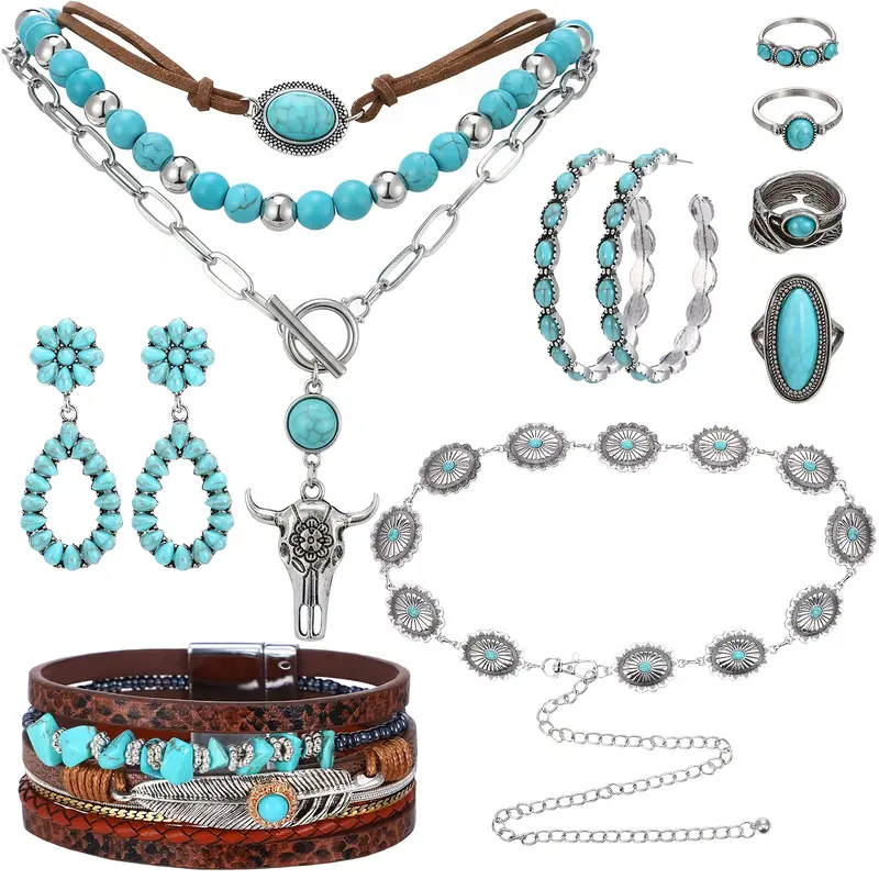 Women's 5-Piece Vintage Silver-Plated Western Boho Concho Jewelry Set - Dangle Earrings, Necklace, Western Bracelets & Bangles, Ring, Belt Charm, Luxe Shine, Party Occasions Gift Item