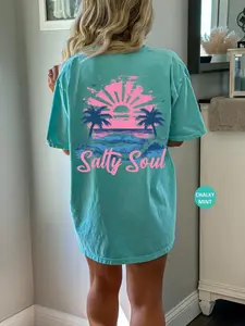 Comfort Colors Salty Soul Summer Tshirt, Summer Vacation Tee Tshirt, Retro Graphic Summer Tshirt, Vintage Beach Tee Gift for Her, Cotton Fabric